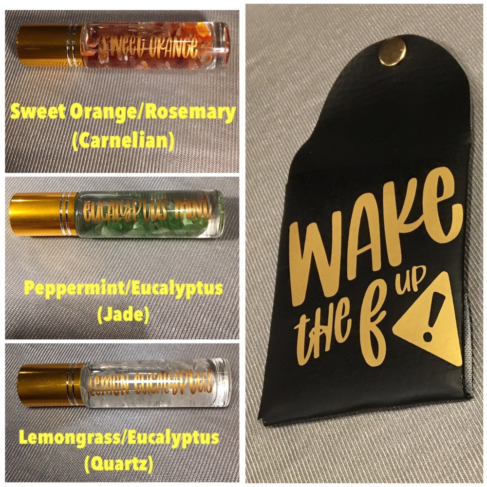 Wake the F up 3 pack Essentials oils with energy charged crystals and case